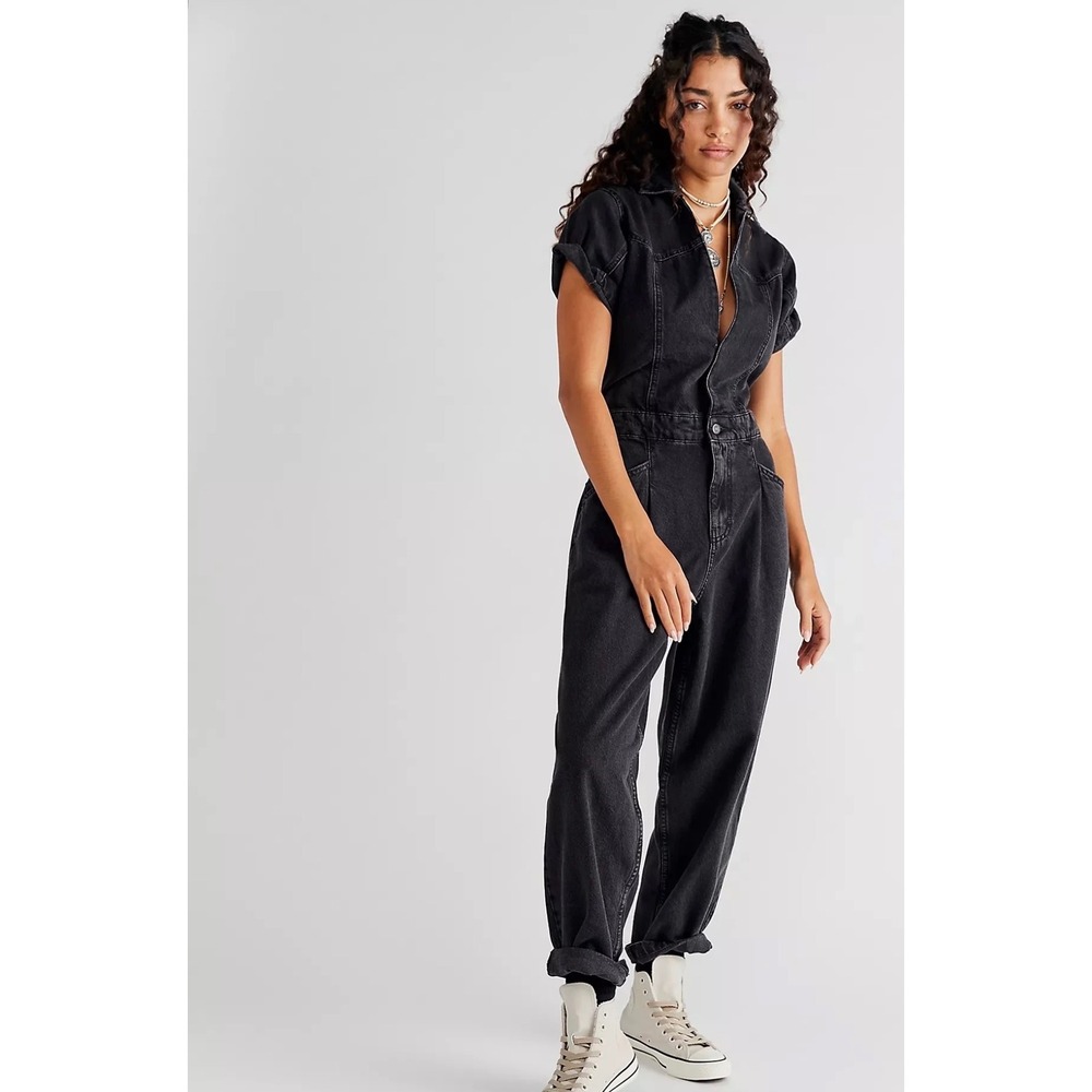 Free People We The Free Marla Denim Trouser Jumpsuit Iron Black XS Extra Small